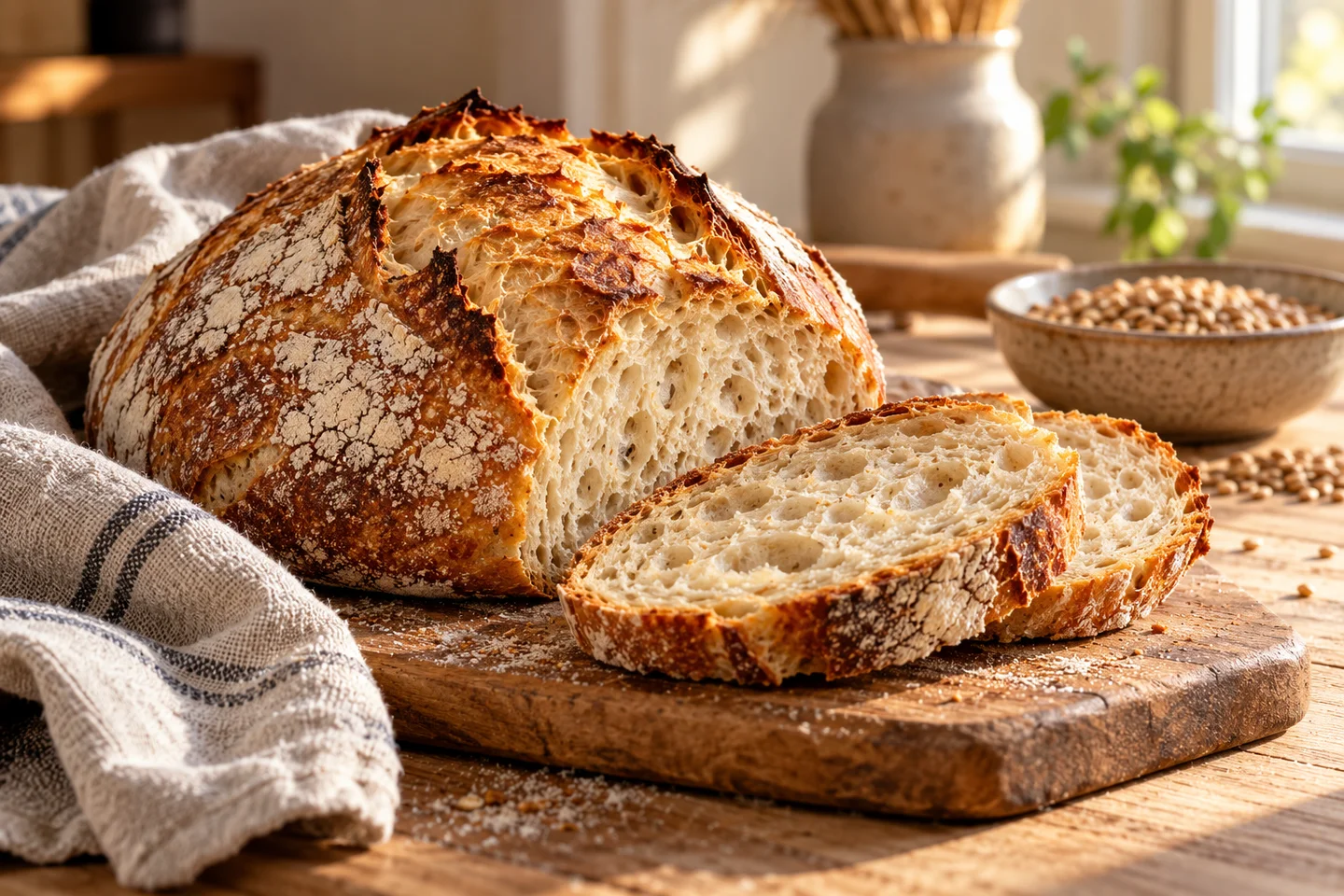 Illustratief desemvloerbrood en gesneden brood op een houten plank